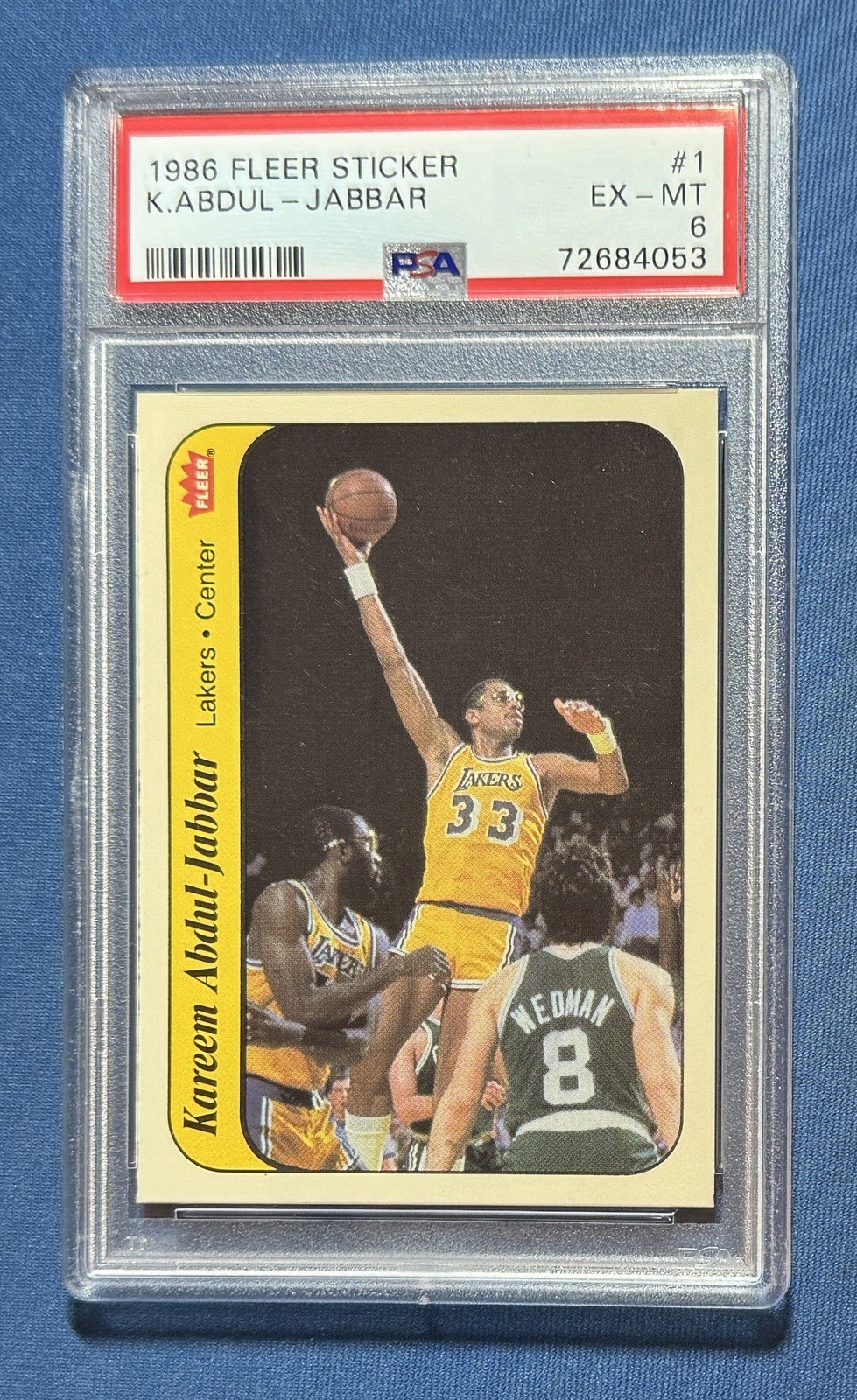1986 Fleer Kareem Abdul-Jabbar Sticker PSA 6 Lakers #1 view 1
