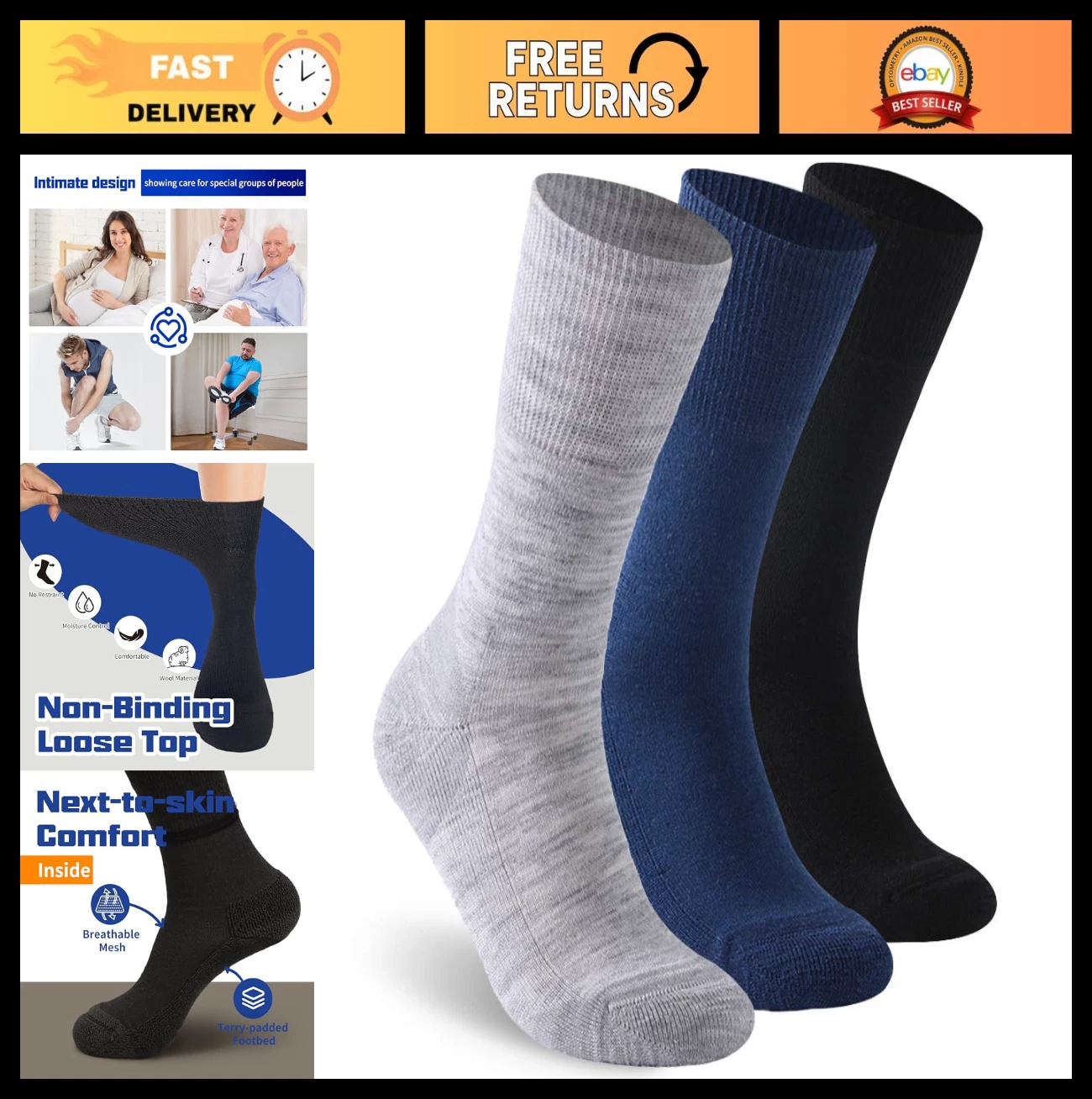 Diabetic Socks for Men & Women, Merino Wool Non-Binding Crew Socks, Cushion Sole