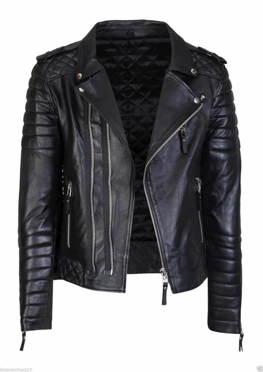 Black Men's Lambskin Jacket Quilted Biker Motorcycle Jacket Nfs