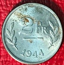 WORLD WAR 2 ERA HIGH GRADE AU/UNC 1944 BELGIUM 2 FRANCS COIN-NOV232
