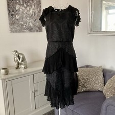 Black Embroidered Round Neck Cold Shoulder Layered Pleated Mini Dress L 12-14