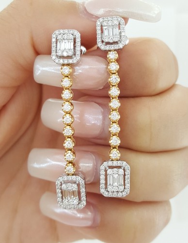 Round & Baguette Diamond Drop Dangle Earrings 1.65 ct 18K Gold Retail $4,995 - Picture 3 of 5