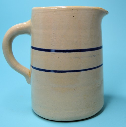 ANTIQUE crockery MILK PITCHER 6” Tall blue stripe Stoneware CHIPPY - Picture 4 of 11