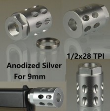 High Quality 1/2x28 TPI Muzzle Brake Compensator Anodized Silver For 9mm GLOCK