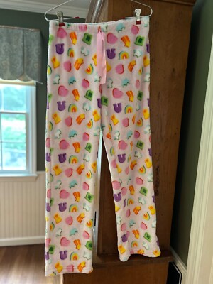 WEEKENDING Soft Fleece Lounge Pajama Pants Pink Sz L Rainbows Hearts  Stars Cozy