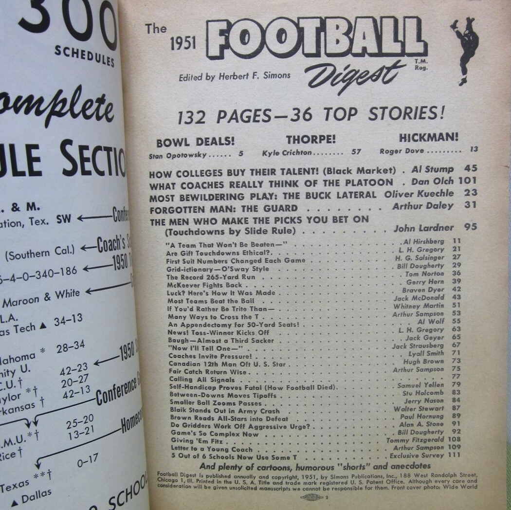FOOTBALL DIGEST magazine Fred Benners vs. Sonny Gandee 1951 Jim Thorpe