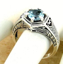 DECO ANTIQUE STYLE GENUINE 1.25 Ct SKY BLUE TOPAZ 925 STERLING SILVER RING 1091X