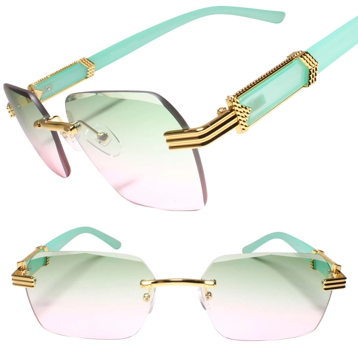 Diamond Edge Cut Lens Rectangle Retro Rimless Rapper DJ Fashion Green Sunglasses