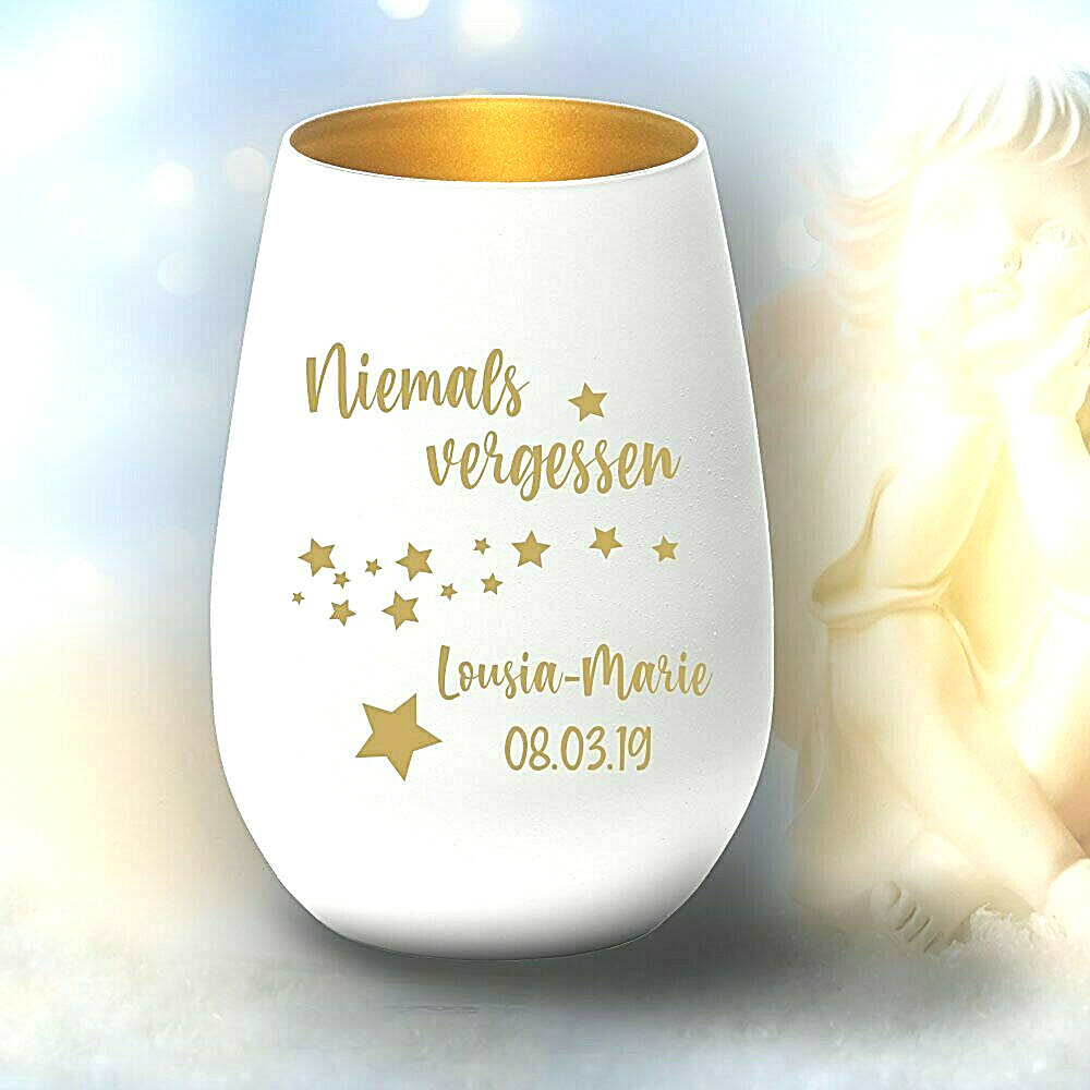 Windlicht Erinnerungslicht Niemals vergessen mit Gravur Gedenklicht Sternenkind