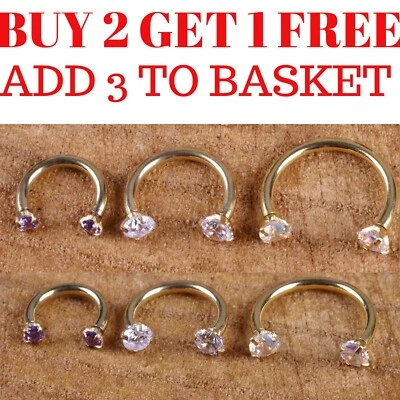 CZ Gold Horseshoe Gem Piercing Surgical Ring Clawset Barbell Septum Ear Nipple - Image 1 of 4