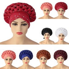 African Women Hat Aso Oke Gele Auto Headtie Turban Hijab Wrap Bonnet Chemo Cap