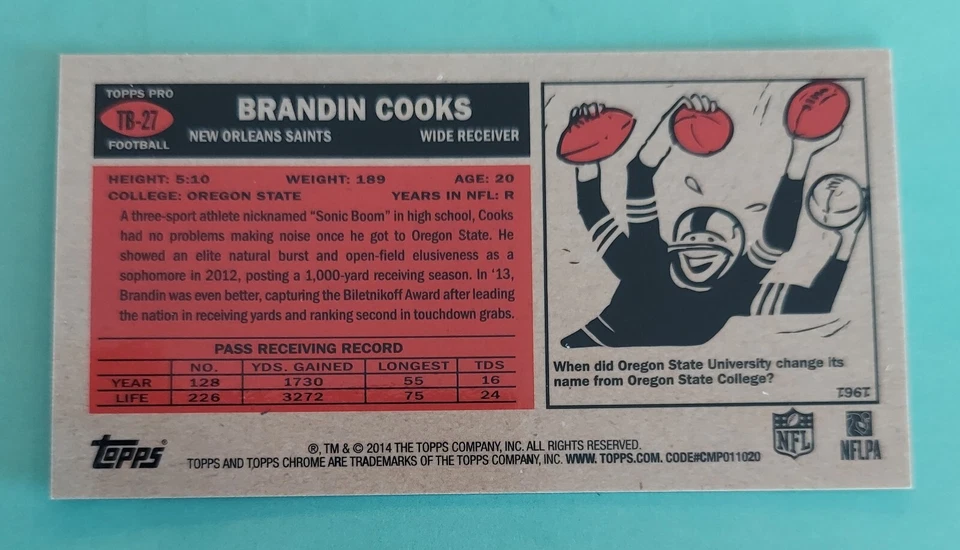 2014 Topps Chrome Mini Tallboy BRANDIN COOKS #TB-27 Rookie RC Dallas Cowboys - Image 2 of 2