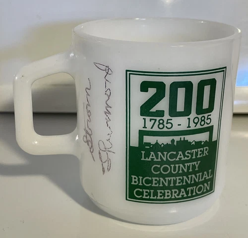 VTG Milk Glass Advertising Mug 200 Year Lancaster SC Signed By STROM THURMOND
