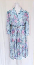 California Looks Long Sleeve Blue Purple Floral Belted Dress 6P Petite Vintage