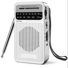 Portable Radio AM FM with Long Range Reception, Goodes Transistor New-Silver