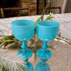 French Blue Opaline Stemmed Glasses Pair Portieux Vallerysthal 1930s Vintage