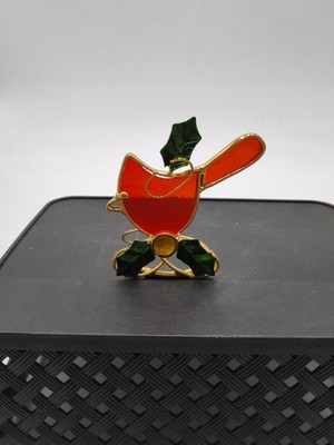 Vintage Christmas Stained Glass Red Cardinal & Holly Tealight Candle Holder