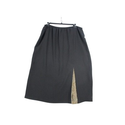 Black Midi Skirt Women 24W Leopard Print Slit Inset Elastic Waist Plus Size