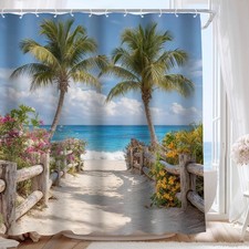 Beach Ocean 72Wx72H Shower Curtain Hawaiian Tropical Palm Tree Coastal Sea Wa...