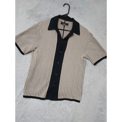 Rag & Bone Shirt Mens Small 3D Knit Button Up Short Sleeve Beige Black Retro 70s