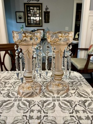 Antique Mantle Lusters W/ French Crystal Spear Prisms Set of 2 Hand Painted