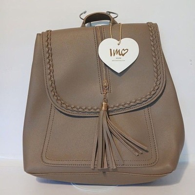 Imoshion Vegan IMO Faux Leather Backpack Mushroom Front Flap Tassle Zipper NWT