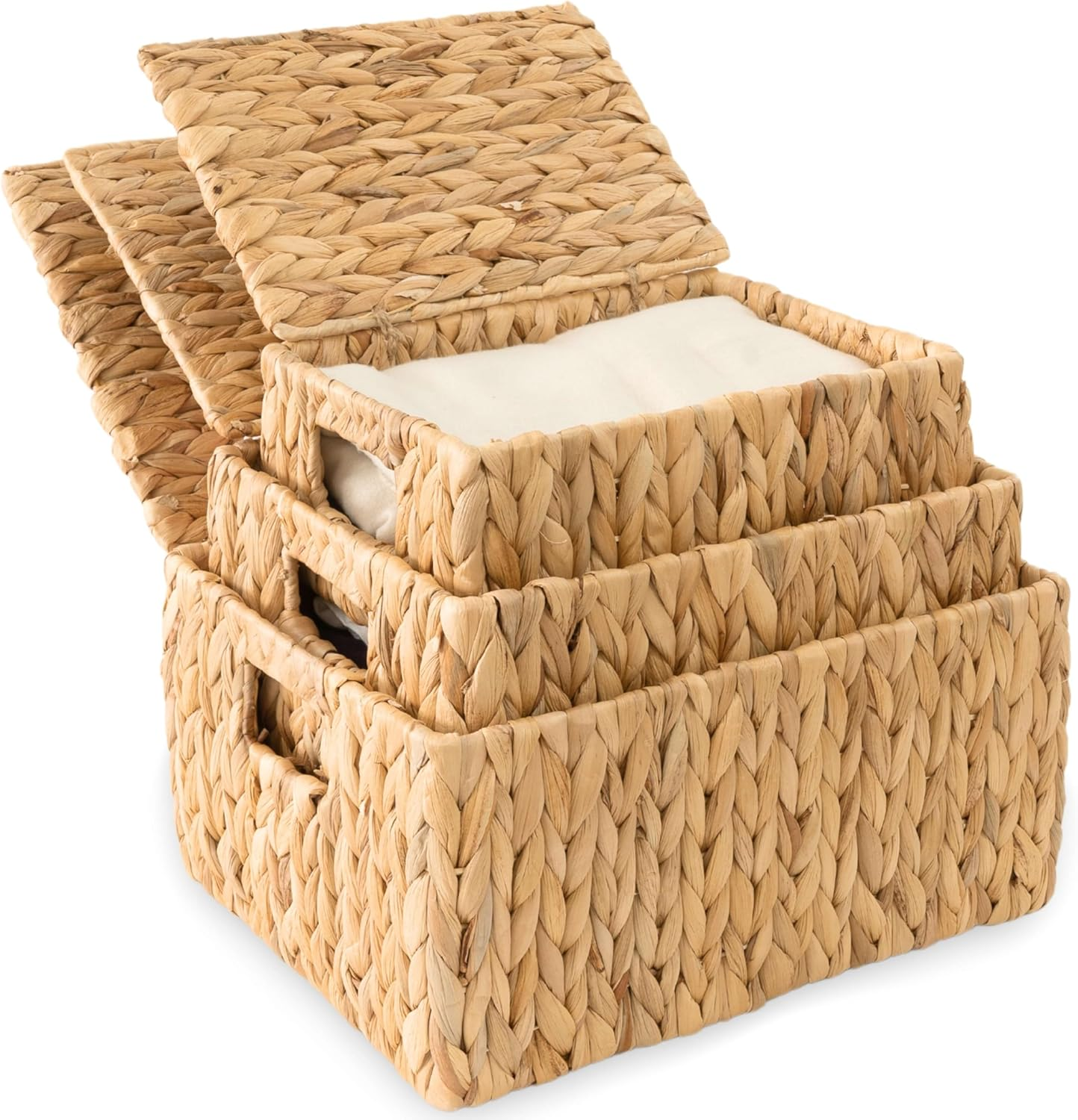 3-Piece Wicker Storage Basket Set with Lids, Decorative Rectangular Organization Bins-image