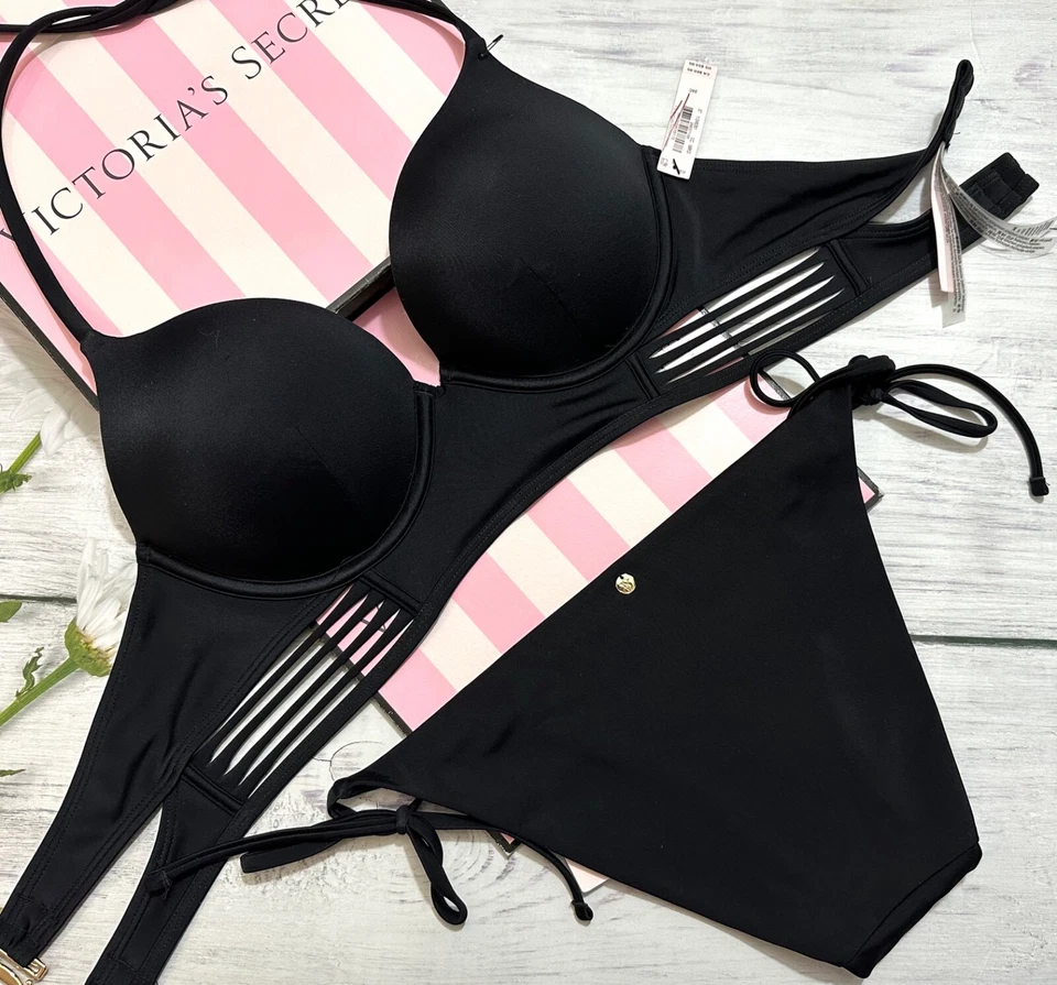 Victoria's Secret Bomba de Natación + 2 Tazas Push-Up Longline Top Juego de Corbata Lateral Negro Foto 2 de 4