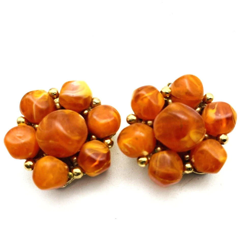 Pendientes firmados por KRAMER cuentas racimo naranja clip bisutería vintage Foto 2 de 4