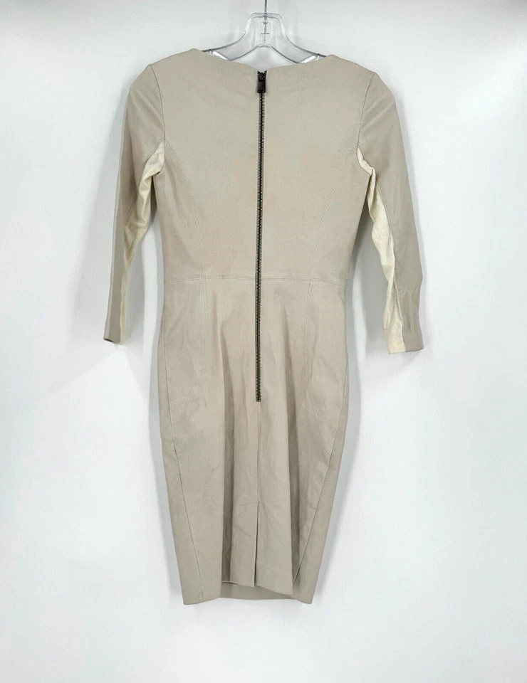 Vestido Vaina Haute Hippie Cuero Marfil Piel de Cordero Ponte Manga Larga Talla 0 Foto 2 de 4