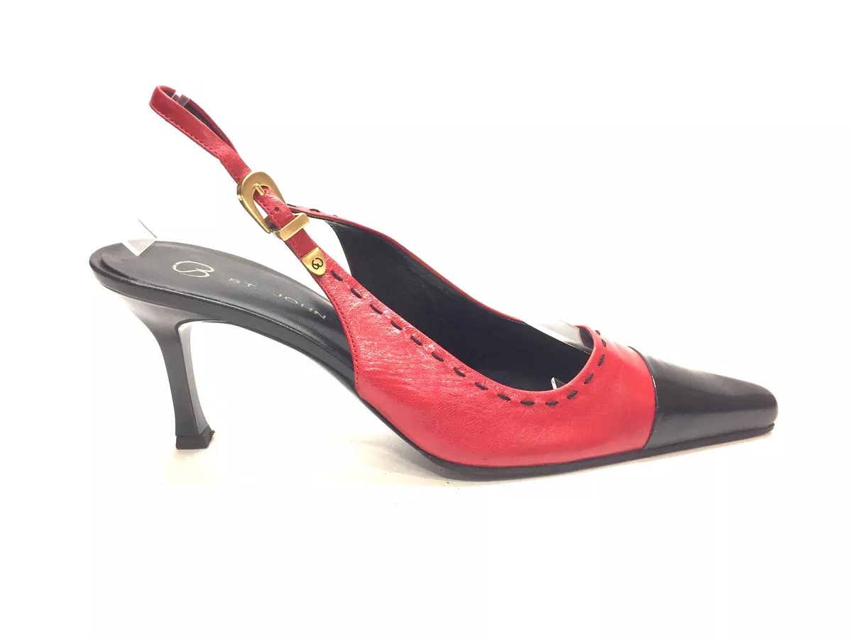 ST. JOHN Red Black Leather Stitching Accent Acrylic Heels