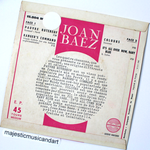 RARE 1965 JOAN BAEZ SINGS BOB DYLAN BABY BLUE 7" VINYL 45 EP EX+ - Picture 5 of 6