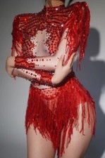 Gold Silver Sequins Tassel Elastic Bodysuit Pole Latin Dance Stage Wear Costume