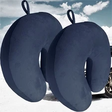 2 x Micro Bead U Shaped Travel Pillows Neck Support  Airplane Cushions Navy Blue