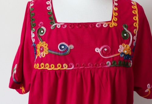 Abito vintage messicano in caftano Oaxaca - rosso ricamato vestibilità L/14-16 - Foto 3 di 9