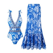 Women's Summer One Piece Swimsuit Floral Print Tummy Control V-Neck Bathing Suit