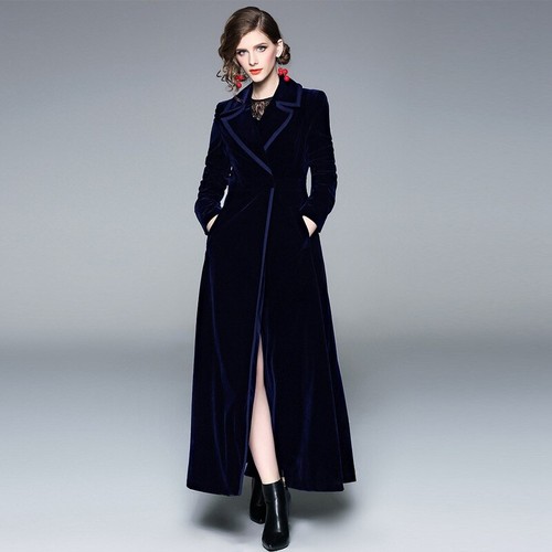 Ladies Vintage Velvet Long Parka A Line Coat Elegant Jacket Casual Outwear - Picture 15 of 24