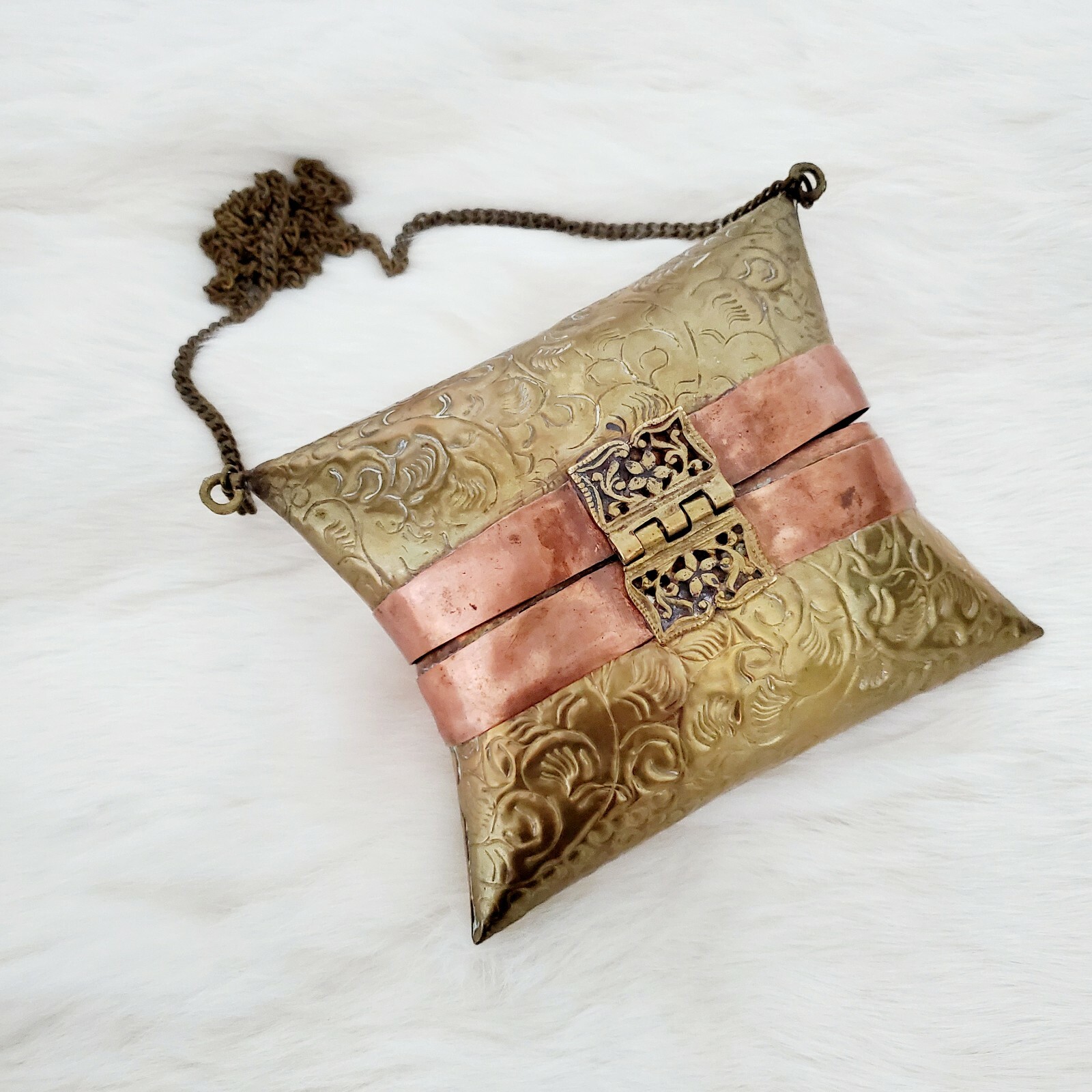Vintage Brass and Copper Metal Pillow Box purse with embossed details