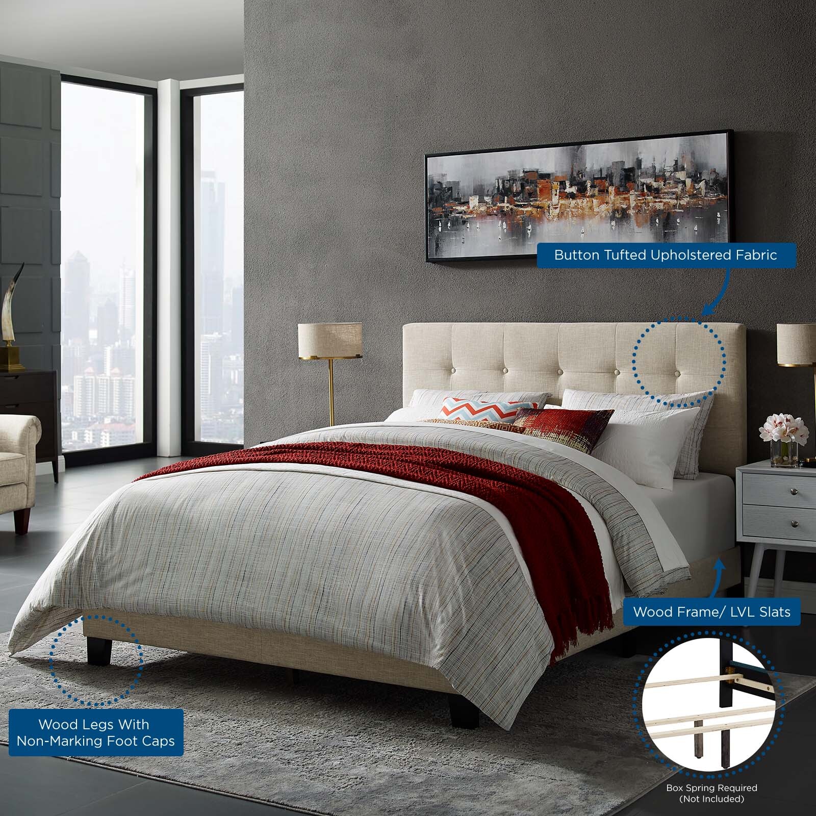 Modway Amira Tufted Fabric Upholstered Full Bed Frame With Headboard In Beige