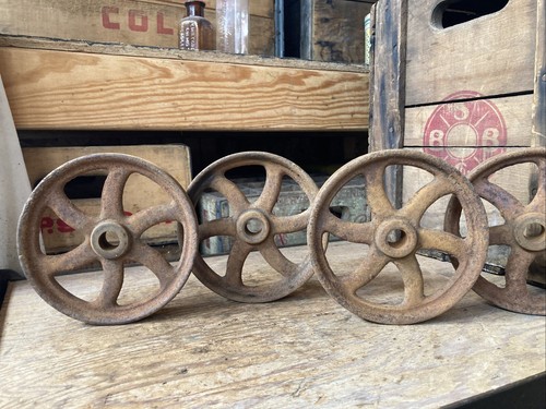 Set - 4 Antique 5” Cast Iron Wheels Industrial Cart Wagon Vintage Scale Hit Miss - Picture 16 of 17