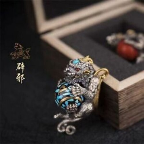 925 Sterling Silver Personality Handmade Lucky Pixiu Holding Ball Dzi Ring - Picture 4 of 6