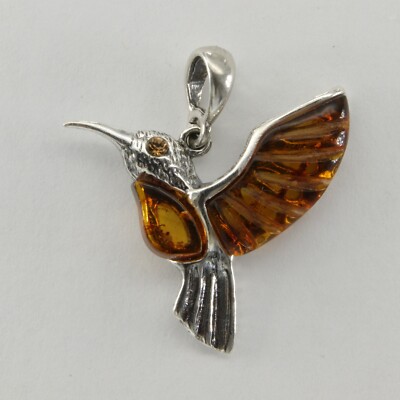 Cognac / Brown BALTIC AMBER Hummingbird Bird Pendant 925 STERLING SILVER# 2633e