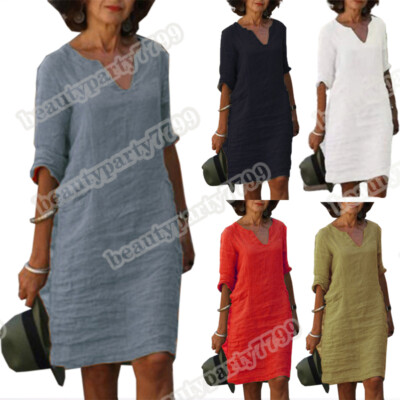 Damen-Midikleid Aus Leinen Mit 3/4-Ärmeln Lässiges Baggy-Sommerkleid Mit V-  |