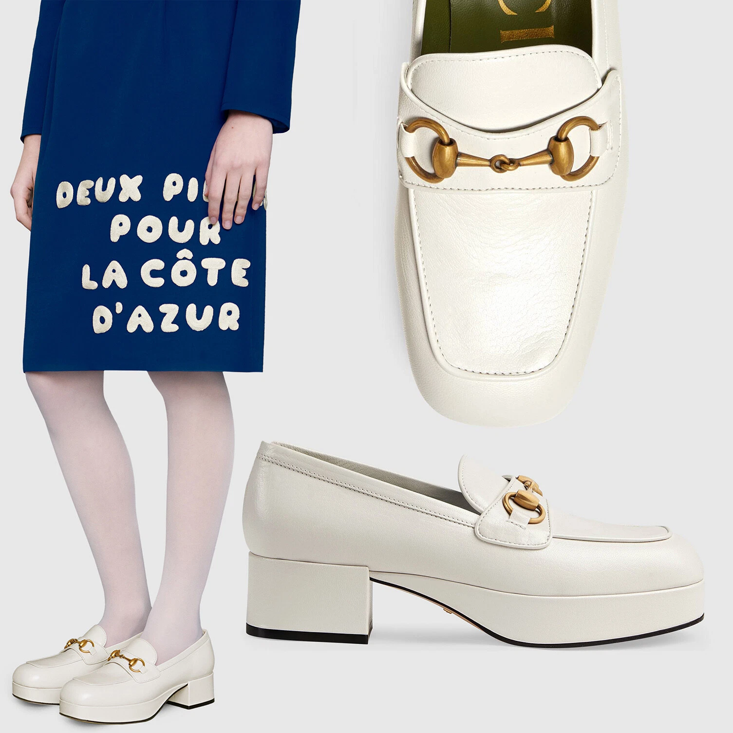 CHAUSSURES GUCCI HOUDAN PLATEFORME MOCASSINS EN CUIR BLANC POMPES avec HORSEBIT 37,5 7,5