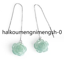 Certified Natural Grade A Ice Green Jade jadeite Rose Flower 925Silver Earrings