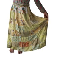 Green Vintage Indian Rayon Patchwork Hippy Gypsy Boho Maxi Women Long Skirts