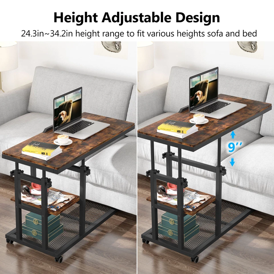 Bedside Mobile Laptop Table with Storage Shelf, Height Adjustable Sofa End Table - Image 4 of 4