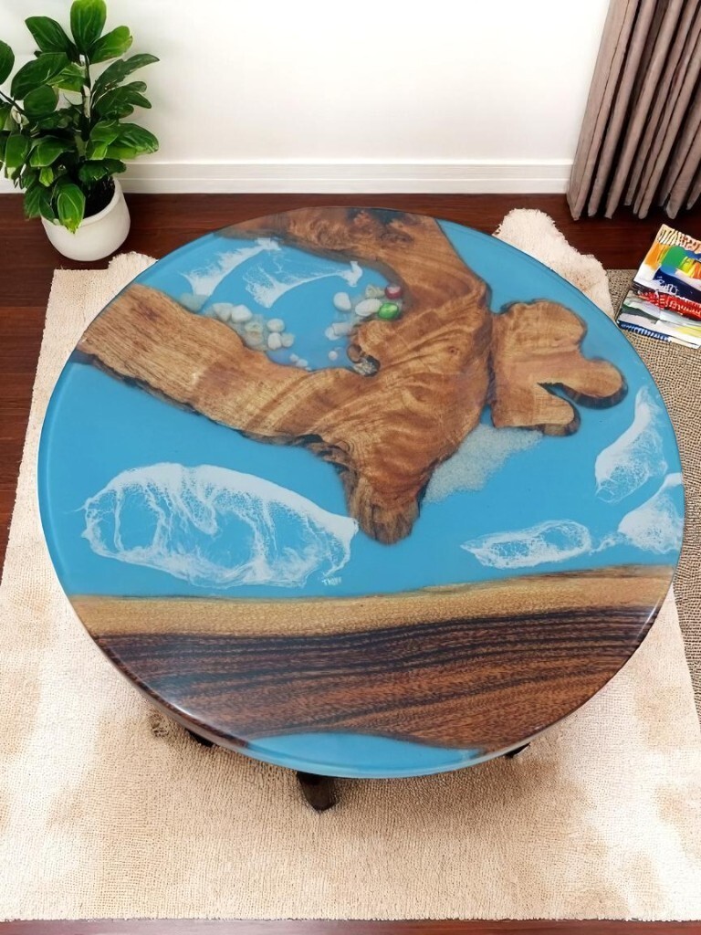 30-Inch Handmade Acacia Wood Epoxy Coffee Table Top with Natural Edge  -image