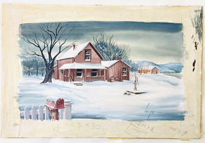 Vintage 40s 50s SIGNED Painting Red Barn Tree Landscape Winter