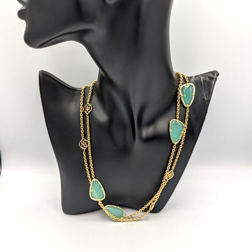 Kendra Scott Kinley Gold Tone Long Necklace Logo And Chalcedony Stones Stations - Picture 6 of 11